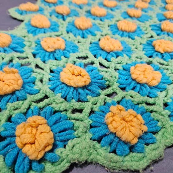 Granny Square Crocheted Afghan Blanket Throw Blue Green Yellow Flower 74